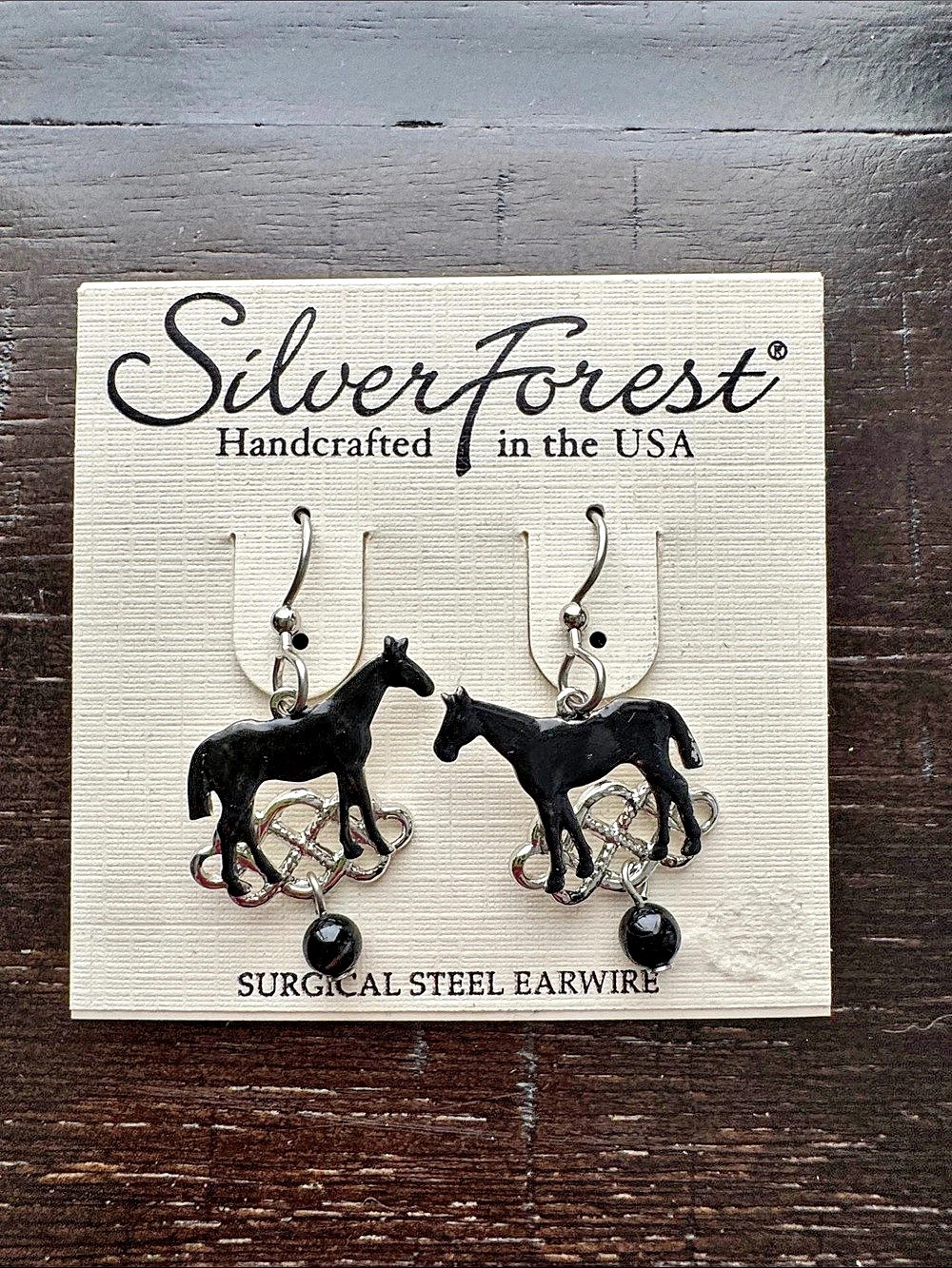 NWT Silver Forest Horse Earrings Black & Silver